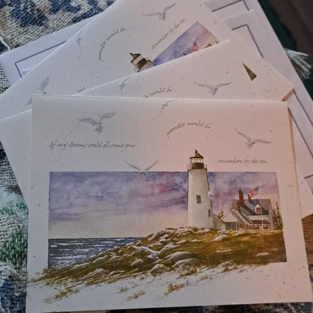 Blank notecards greeting 3 pack lighthouse coast sea gulls flags nature ocean